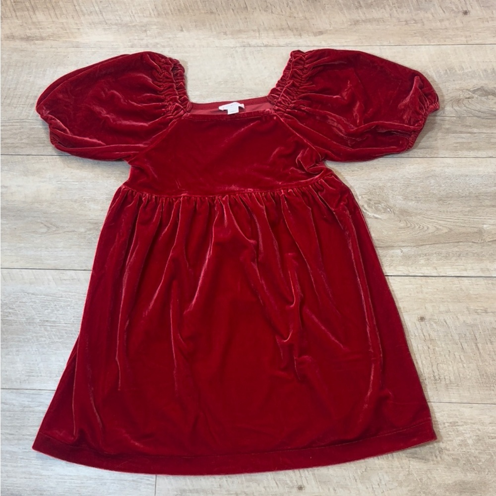 Crewcuts Girl’s Red Velvet Square Neck Puff Sleeves Dress Size 6